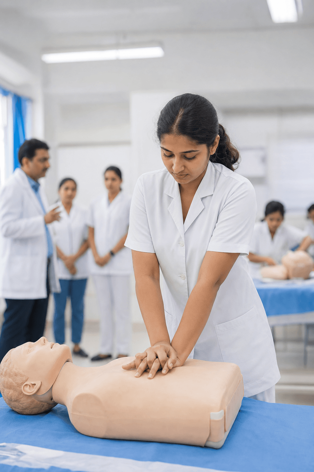 Paramedical student practicing CPR in a clinical skills lab